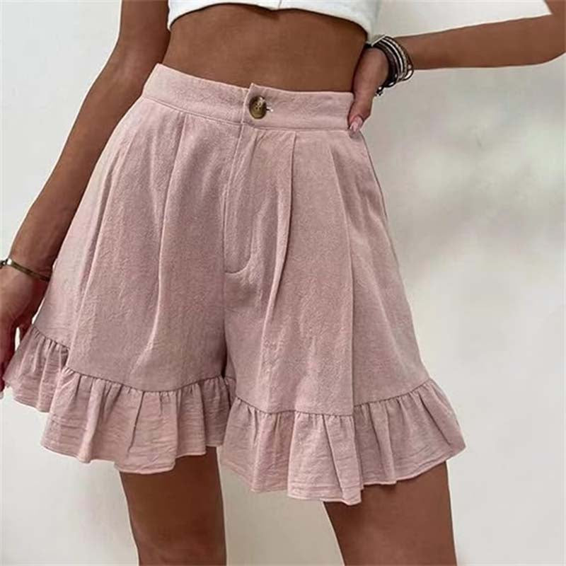 High Waist Ruffle Hem Single Button Casual Cotton Short