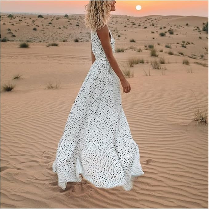 Polka Dot V Neck Tassel Tie Smocked Boho Flowy Maxi Dress