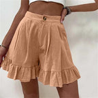 High Waist Ruffle Hem Single Button Casual Cotton Short