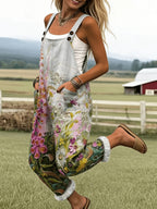 Painterly Floral Print Adjustable Strap Frill Hem Casual Jumpsuit