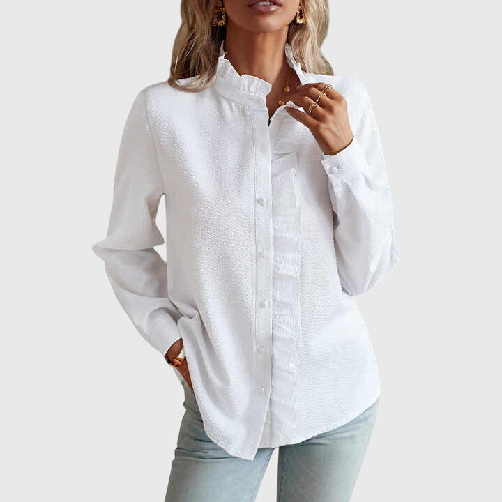 Ruffle Trim Button Down Long Sleeve Textured Blouse