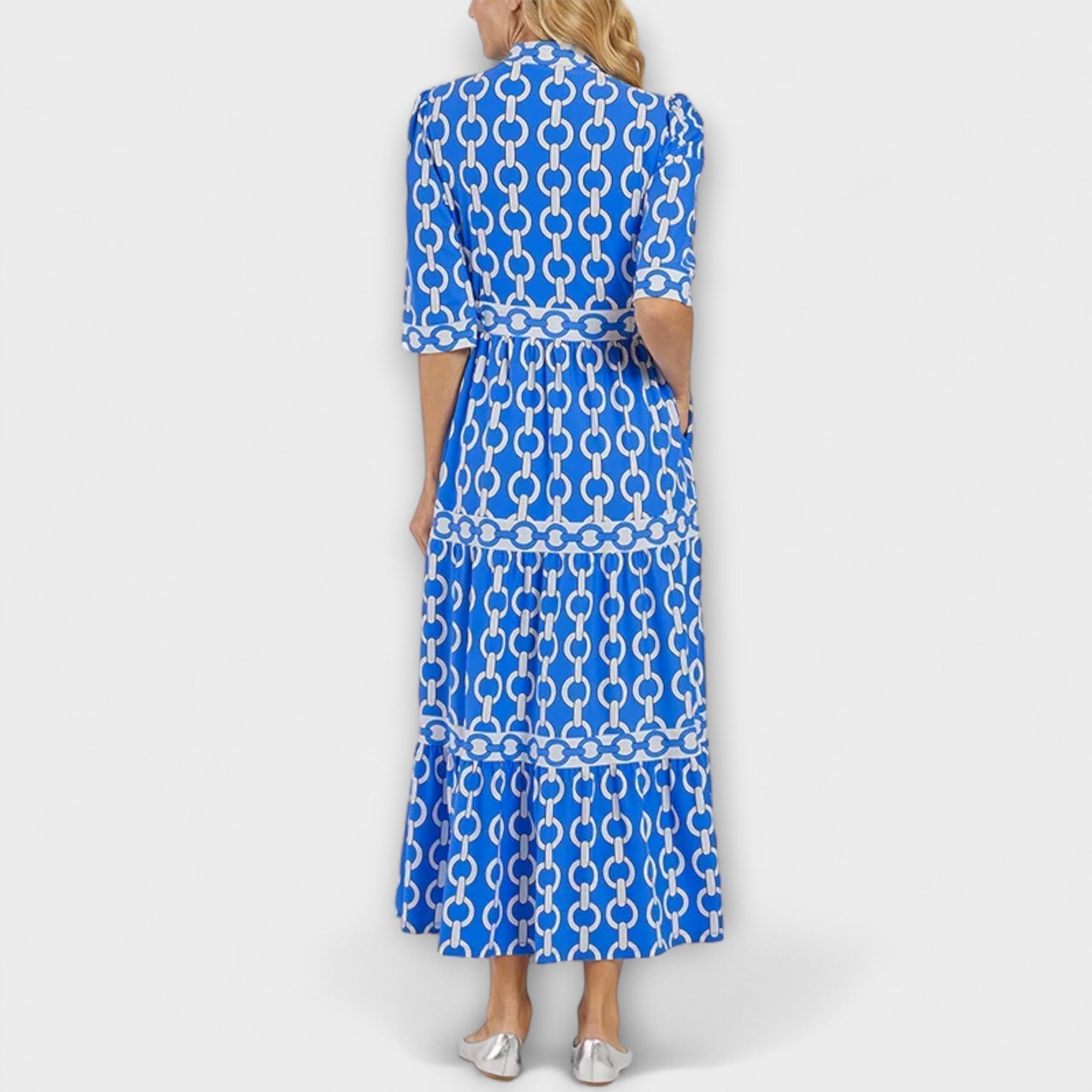 Chain Print Tiered Shirt Casual Midi Dress