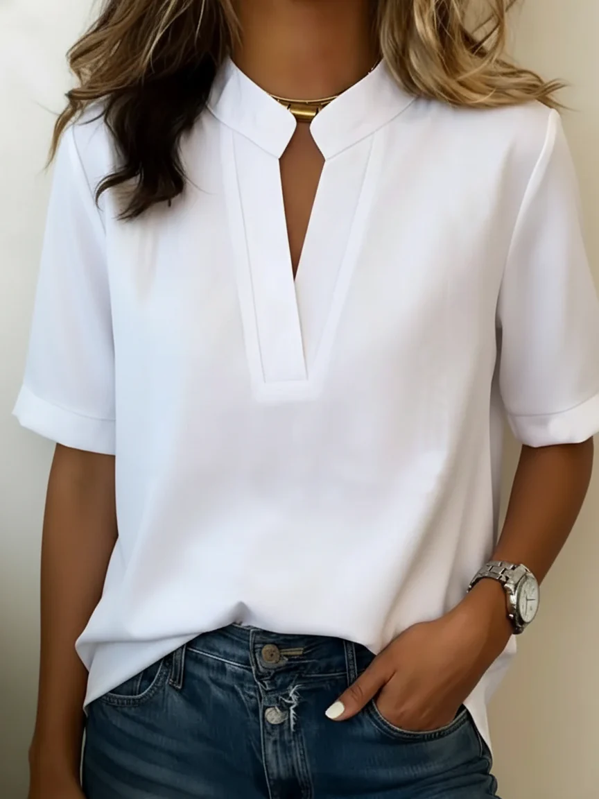 Keyhole Stand Collar Short Sleeve Relaxed Fit Dressy Blouse