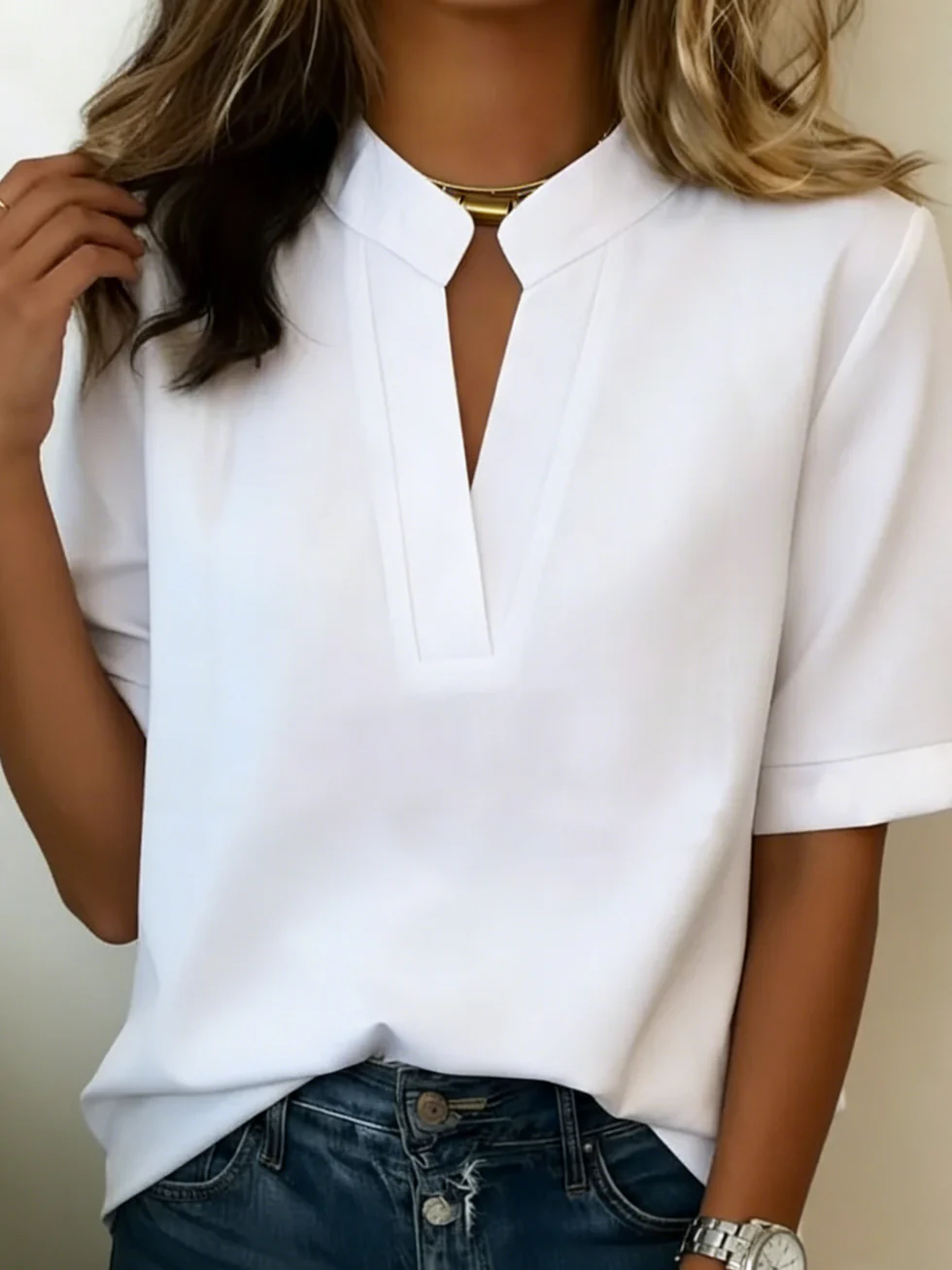 Keyhole Stand Collar Short Sleeve Relaxed Fit Dressy Blouse