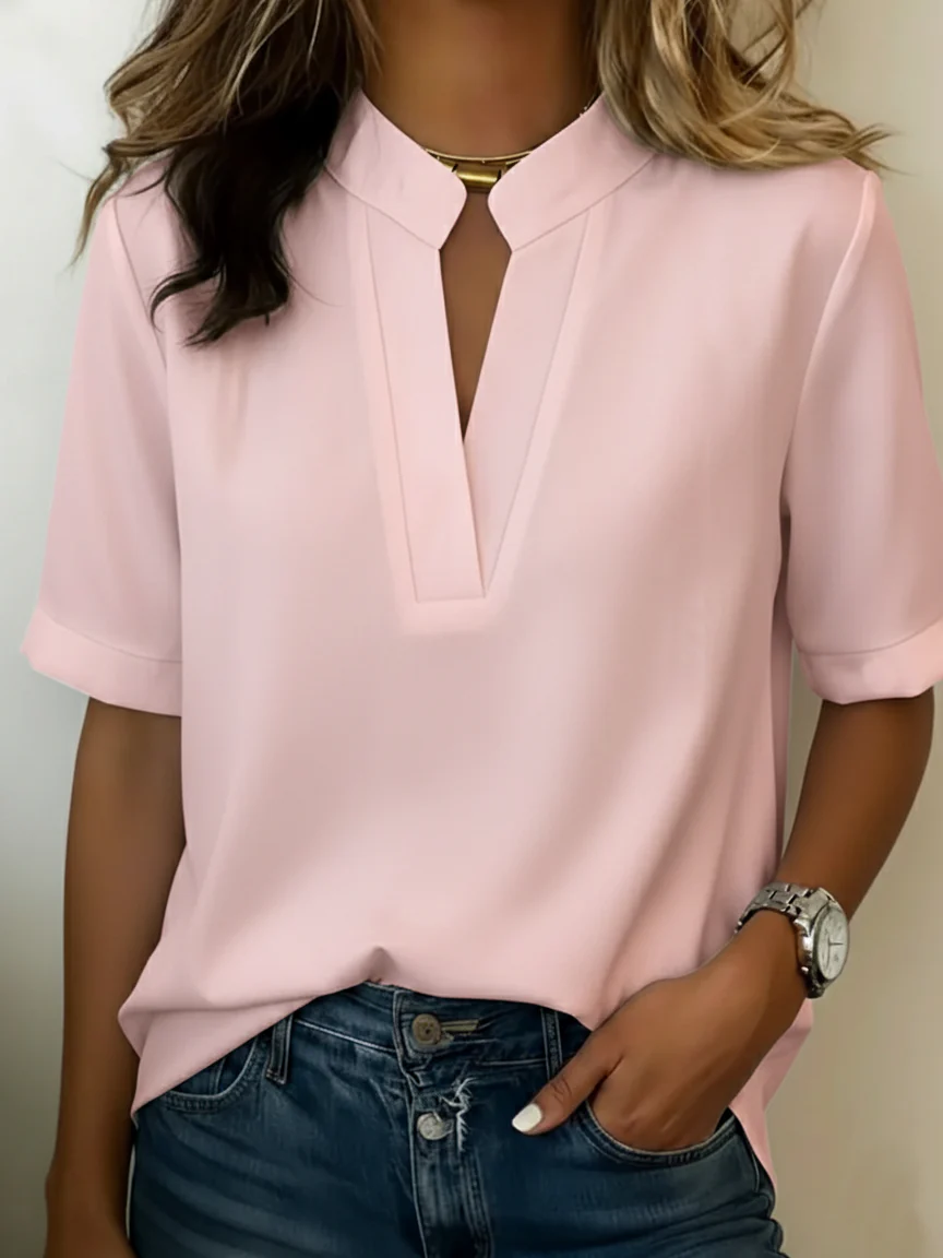 Keyhole Stand Collar Short Sleeve Relaxed Fit Dressy Blouse