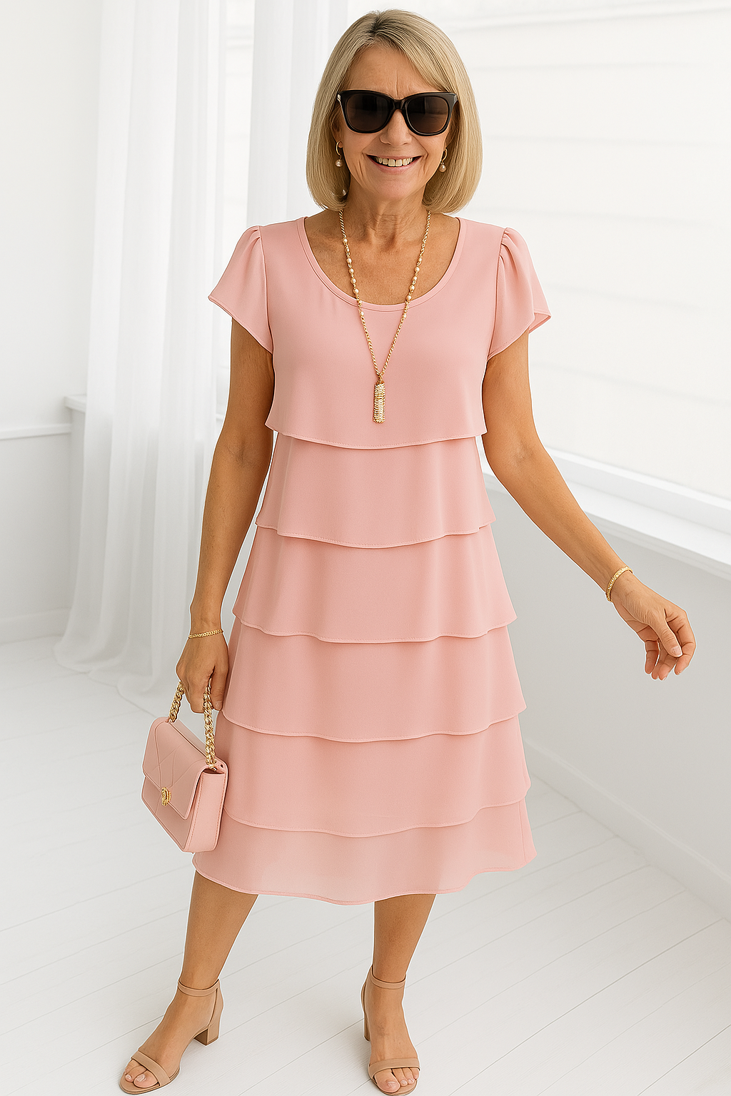 Flutter Sleeve Tiered Ruffle Layer Chiffon Midi Dress