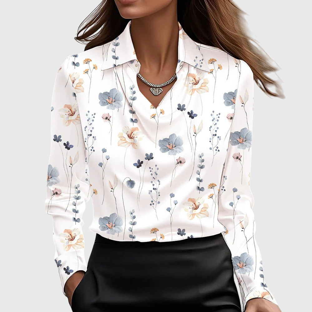 Satin Cowl Neck Collar Long Sleeve Elegant Blouse