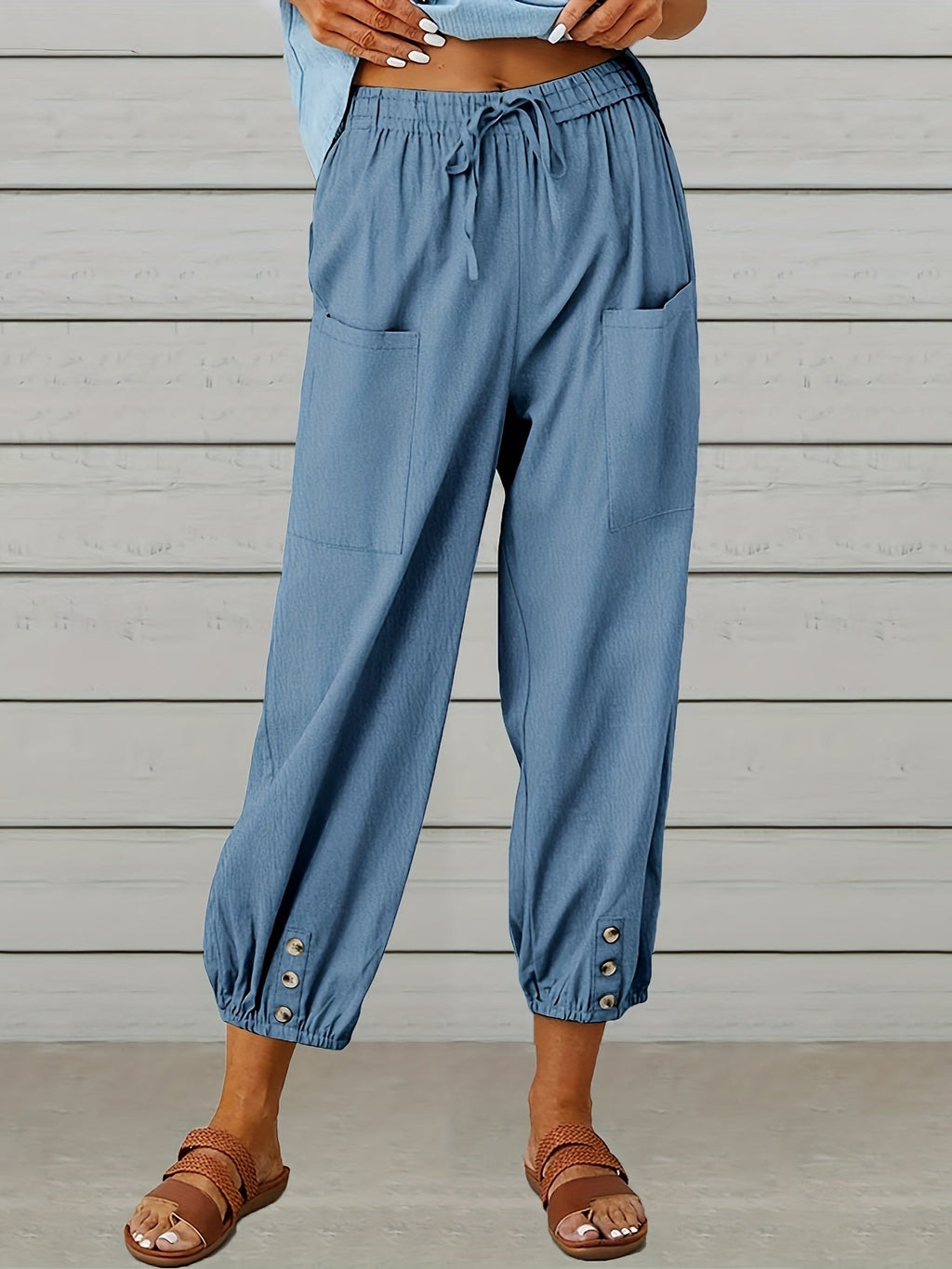 Button Cuff Patch Pocket Drawstring Capri Linen Pant