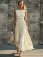 Crew Neck Ribbed Knit Bodice Pleated Skirt Sleeveless Maxi Dress - Wedding Guest