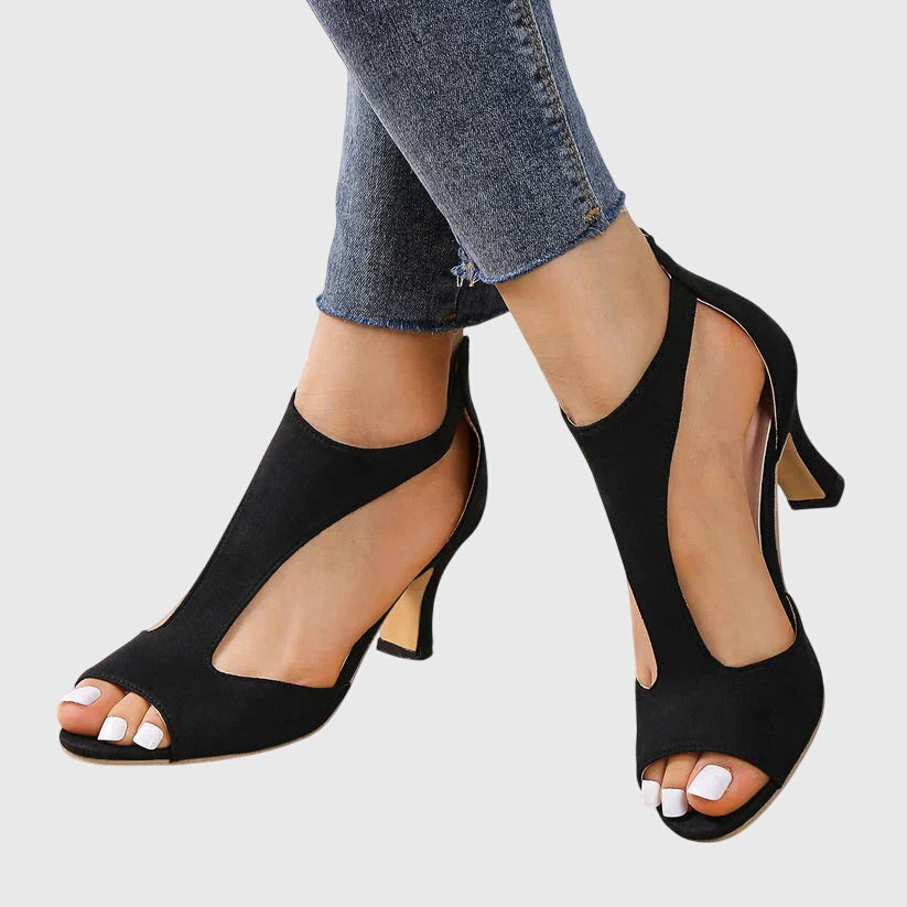 Cut Out Peep Toe Suede Block Heel Sandal