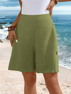 High Waist Side Button Wide Leg Casual Linen Short