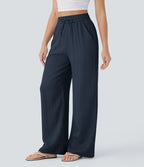 Smocked High Waist Drawstring Wide Leg Linen Pant