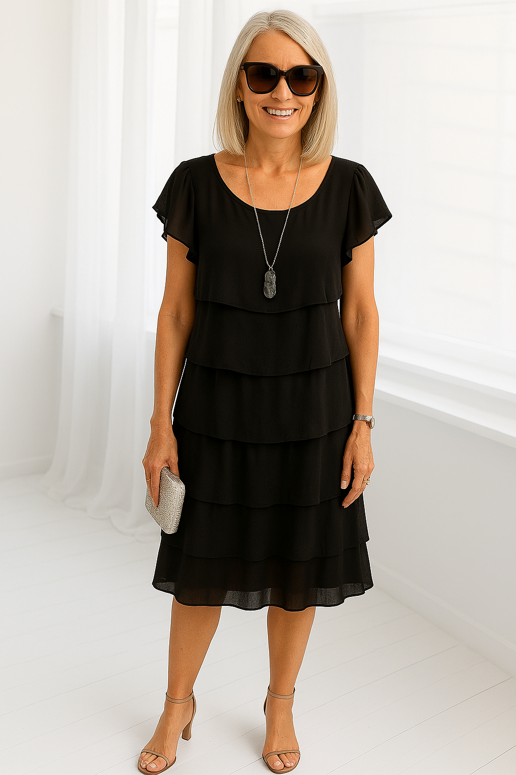 Flutter Sleeve Tiered Ruffle Layer Chiffon Midi Dress