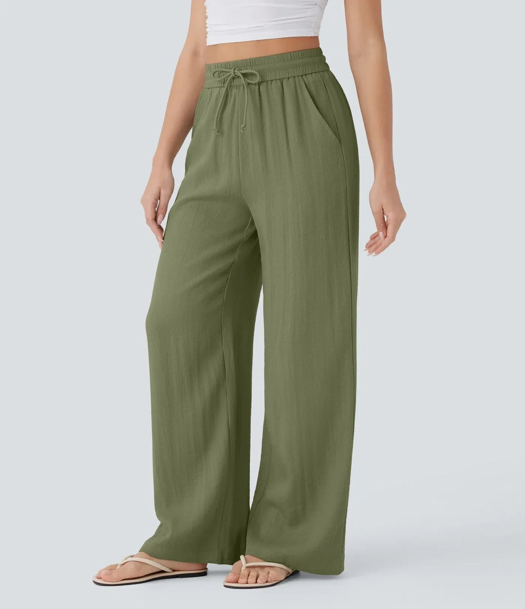 Smocked High Waist Drawstring Wide Leg Linen Pant