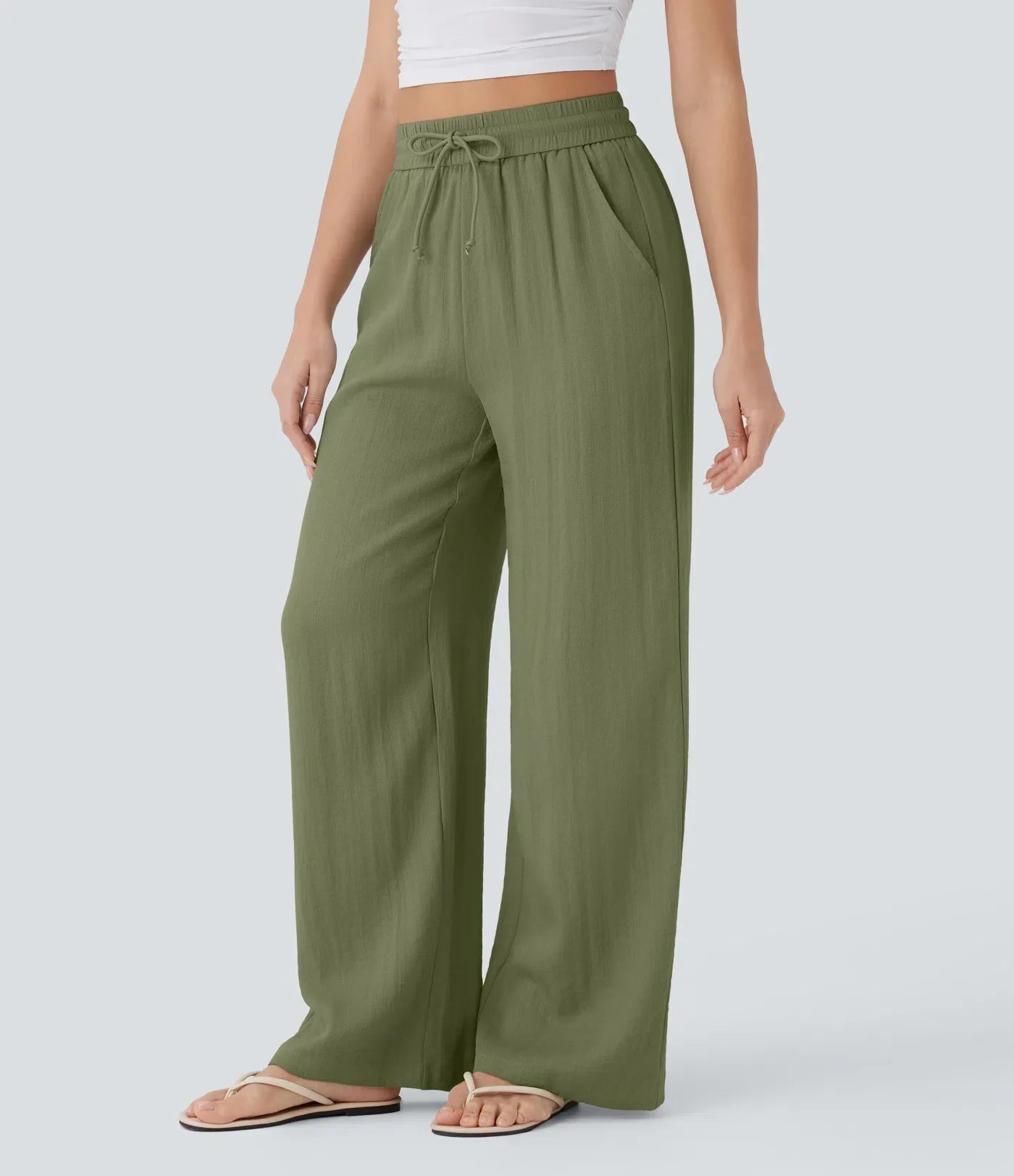 Smocked High Waist Drawstring Wide Leg Linen Pant