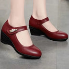 Velcro Strap Embossed Leather Wedge Mary Jane Shoe