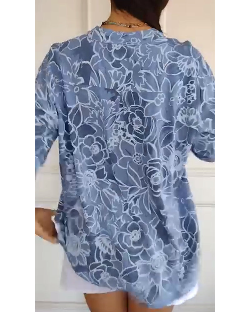 Floral Print V-Neck Half Sleeve Casual Blouse