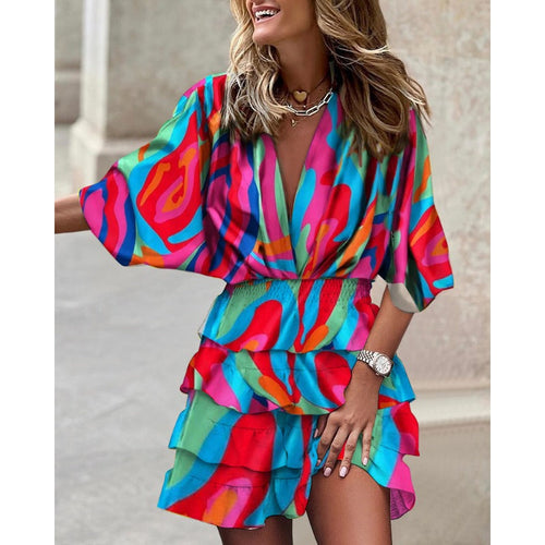 Abstract Print Smocked Waist Tiered Ruffle Mini Dresses