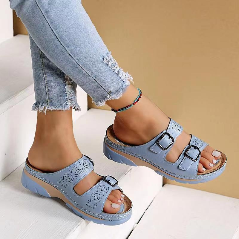 Double Buckle Strap Laser Cut Wedge Platform Slide Sandal