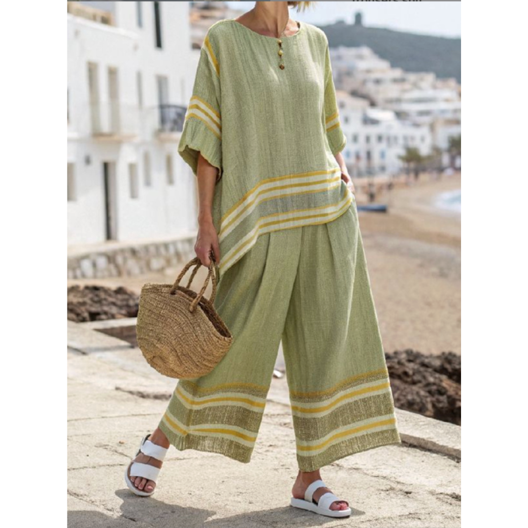 Striped Contrast Border Oversized Top and Wide Leg Linen Set