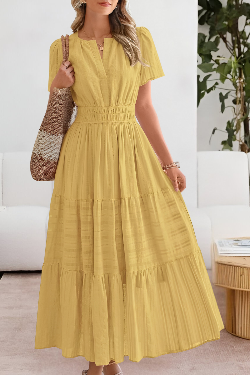 Flutter Sleeve V Neck Smocked Waist Tiered Flowy Maxi Dress