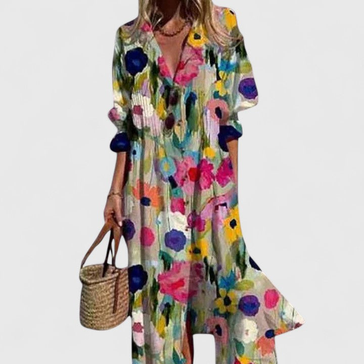 Watercolour Floral Hem Button Front Boho Maxi Dress