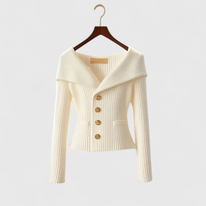 Off Shoulder Fold Collar Gold Button Fitted Ribbed Cardigan