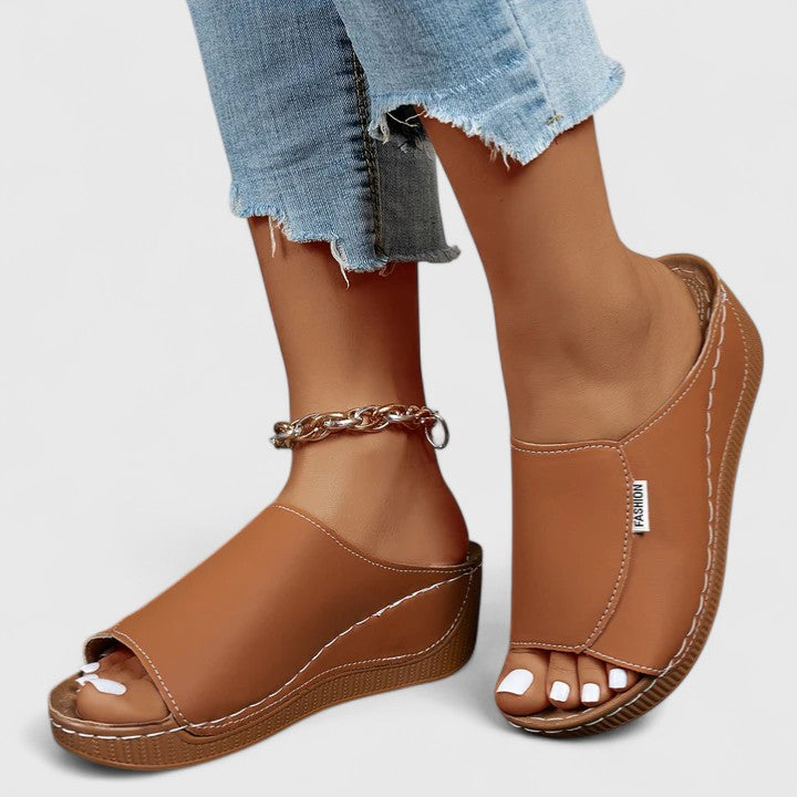 Leather Peep Toe Comfort Wedge Slide Sandal