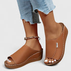 Leather Peep Toe Comfort Wedge Slide Sandal