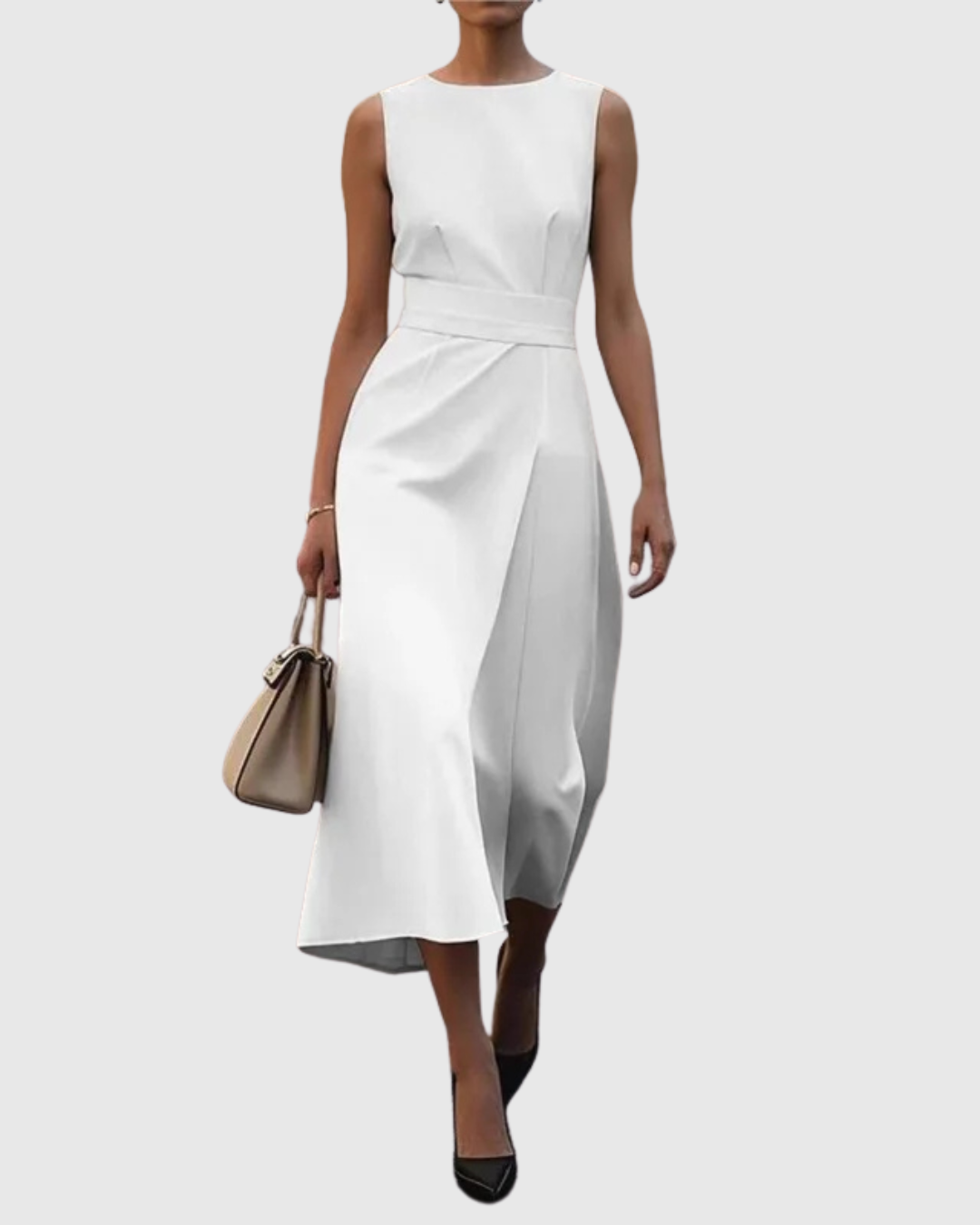 Sleeveless Belted Wrap Front Split Elegant Midi Dress