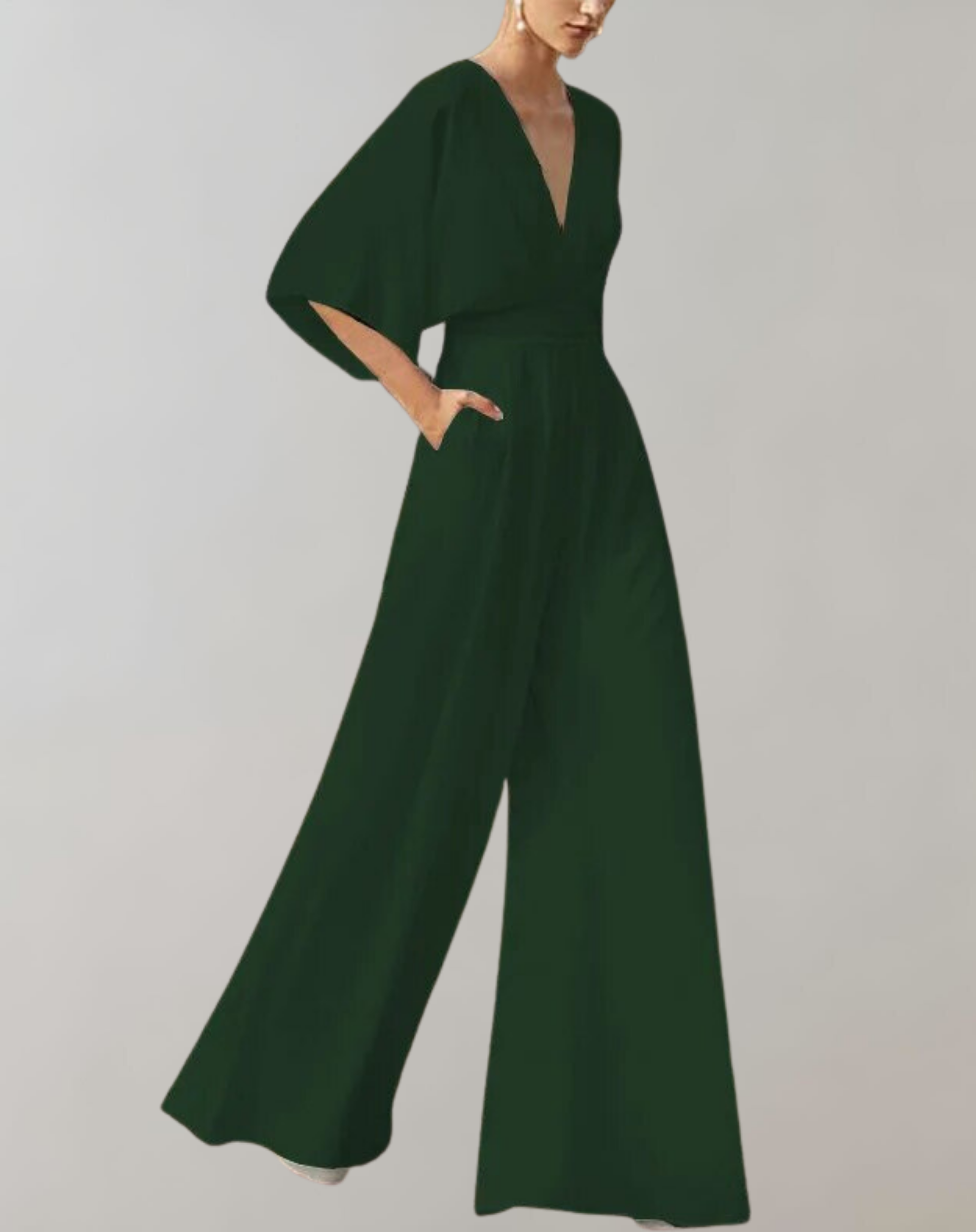 Deep V Neck Kimono Sleeve Belted Wide Leg Formal Jumpsuit