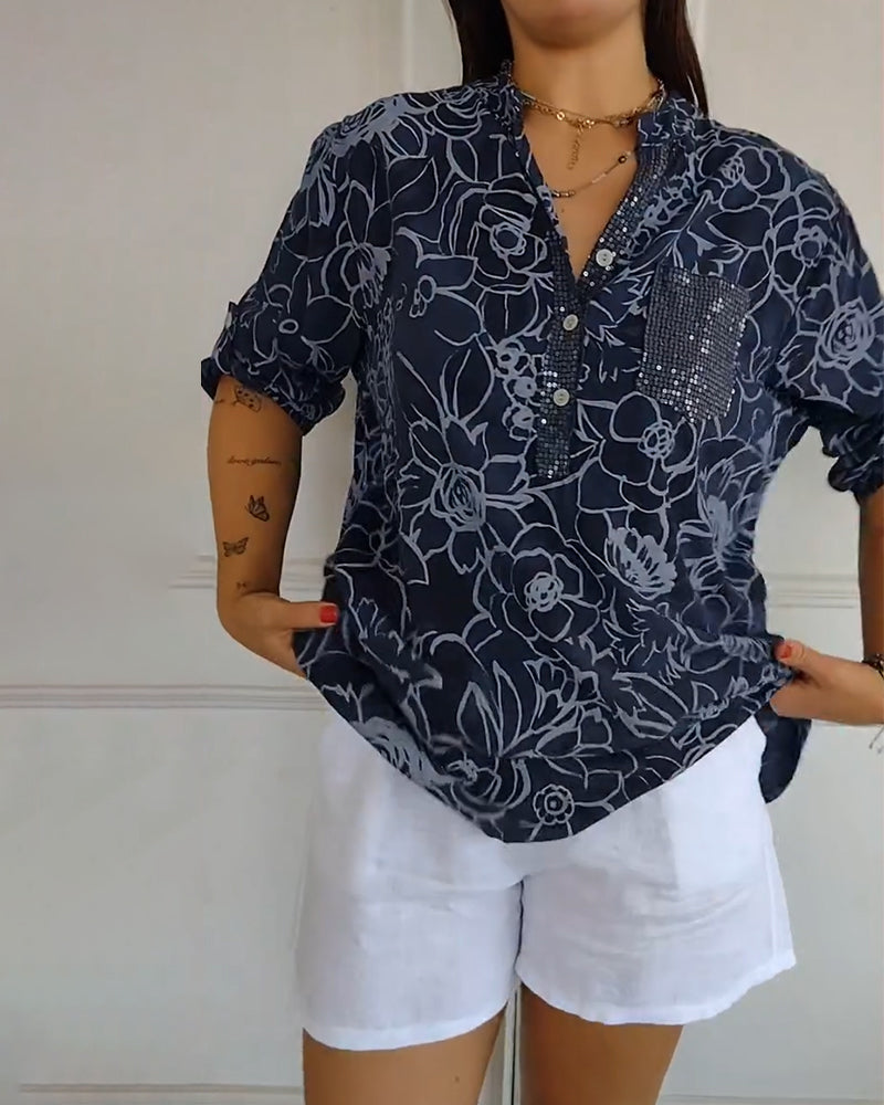 Floral Print V-Neck Half Sleeve Casual Blouse