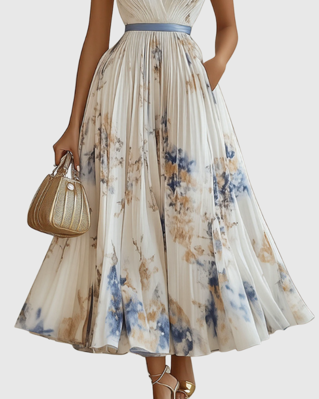 Floral Pleated V-Neck Belted Maxi Dress - Wedding Guest Gown