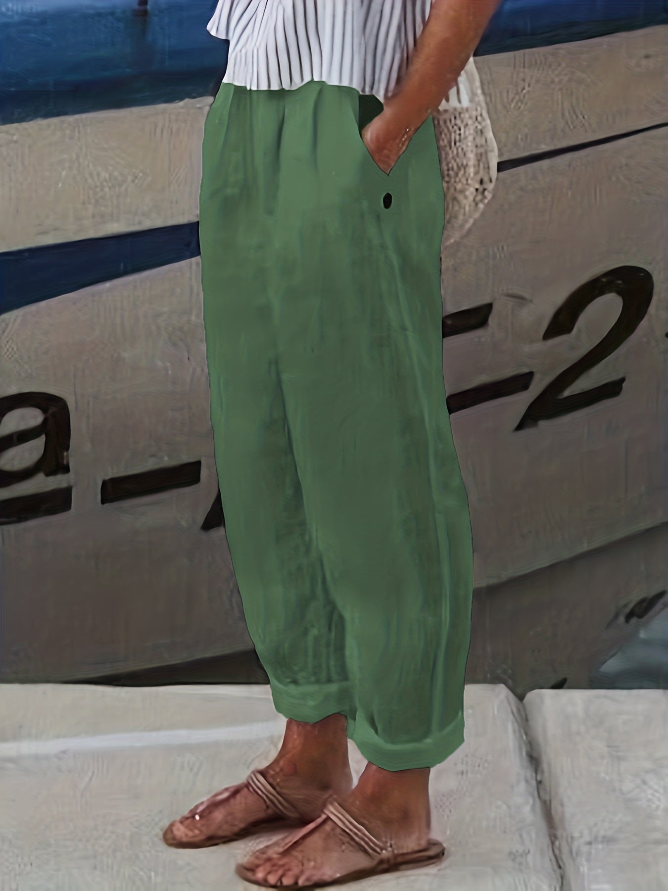 Elasticated High Waist Roll Hem Relaxed Linen Pants