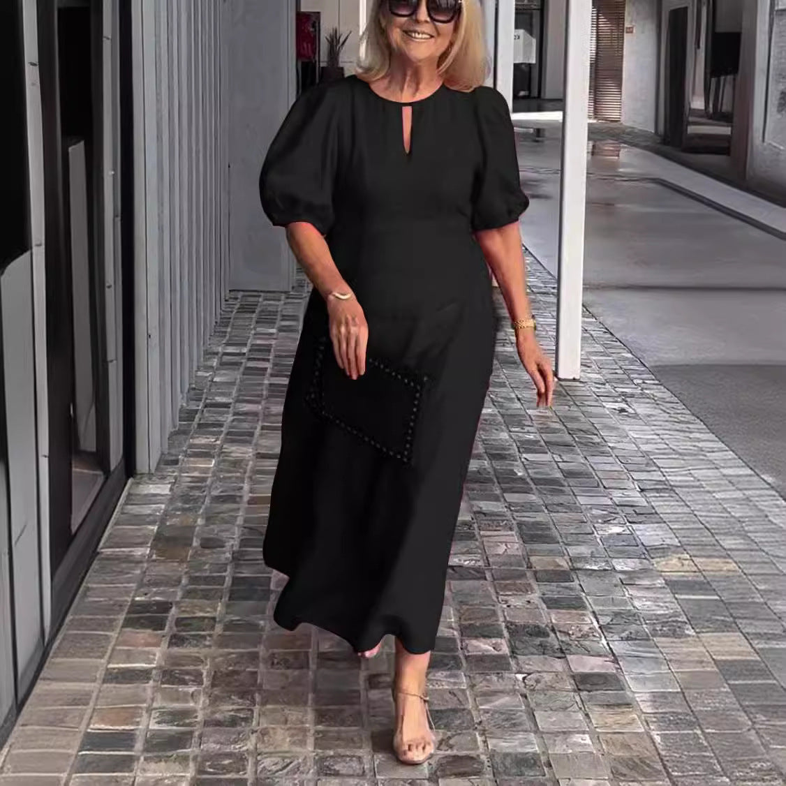 Puff Sleeve Keyhole A Line Midi Dress - Wedding Guest