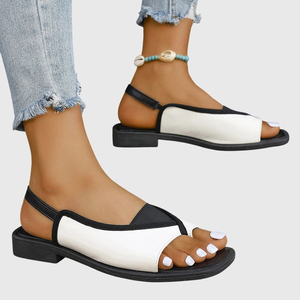 Two Tone Leather Elastic Slingback Flat Sandal