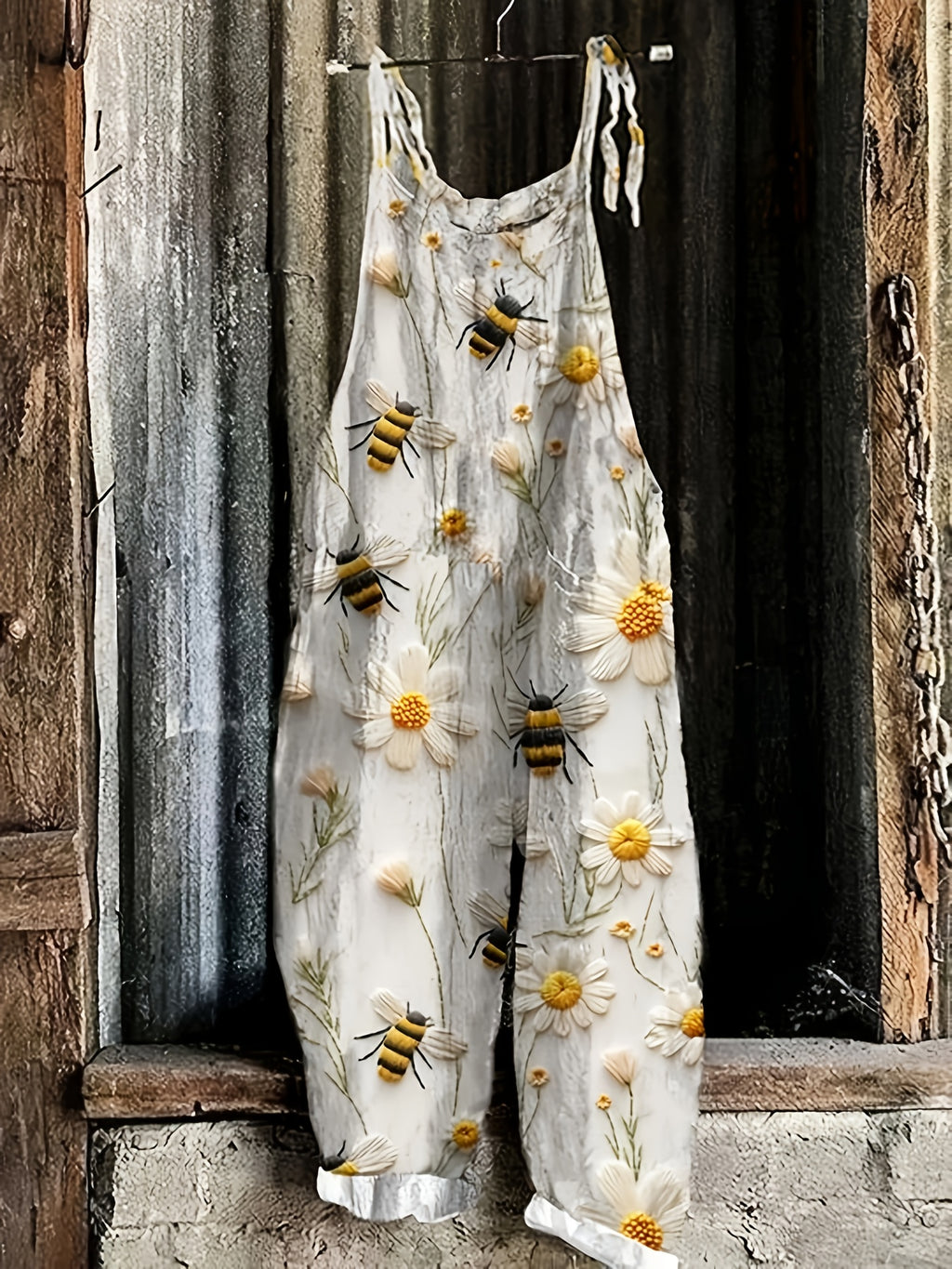 Daisy Bee Print Tie Shoulder Strap Pocket Casual Jumpsuit
