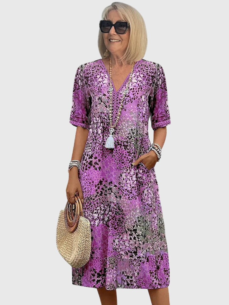 Abstract Print V-Neck Boho Summer Midi Dress