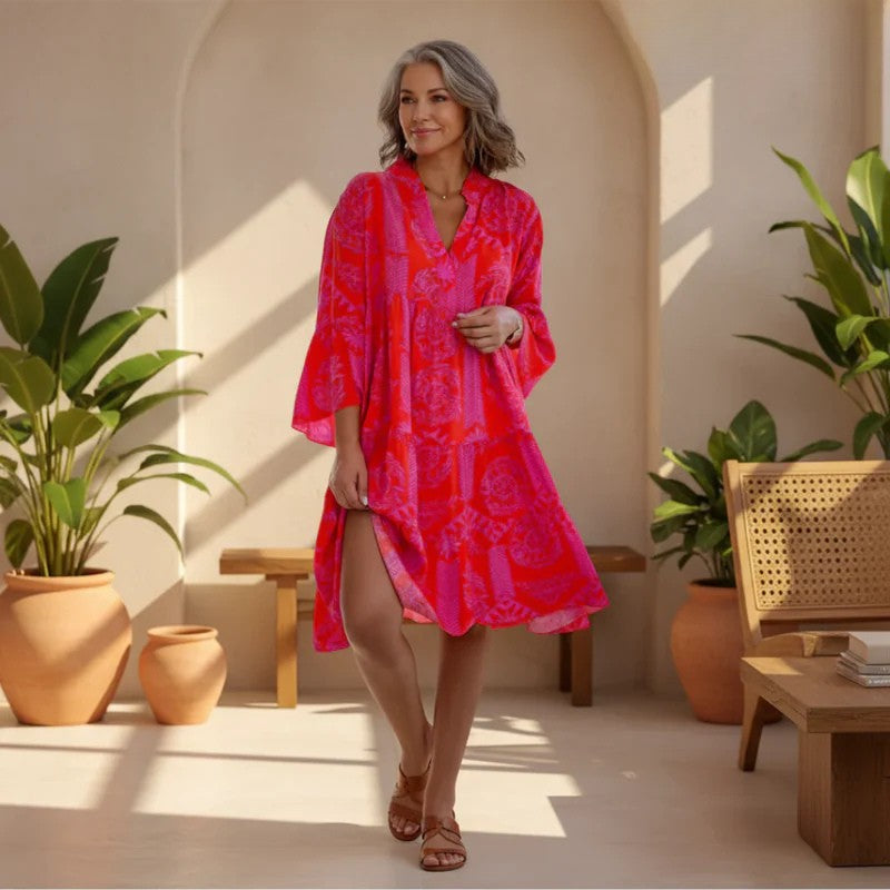 Tribal Print Tiered Flowy V Neck Boho Midi Dresses