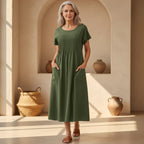 Pintuck Pleat Short Sleeve Pocket Casual Maxi Dress