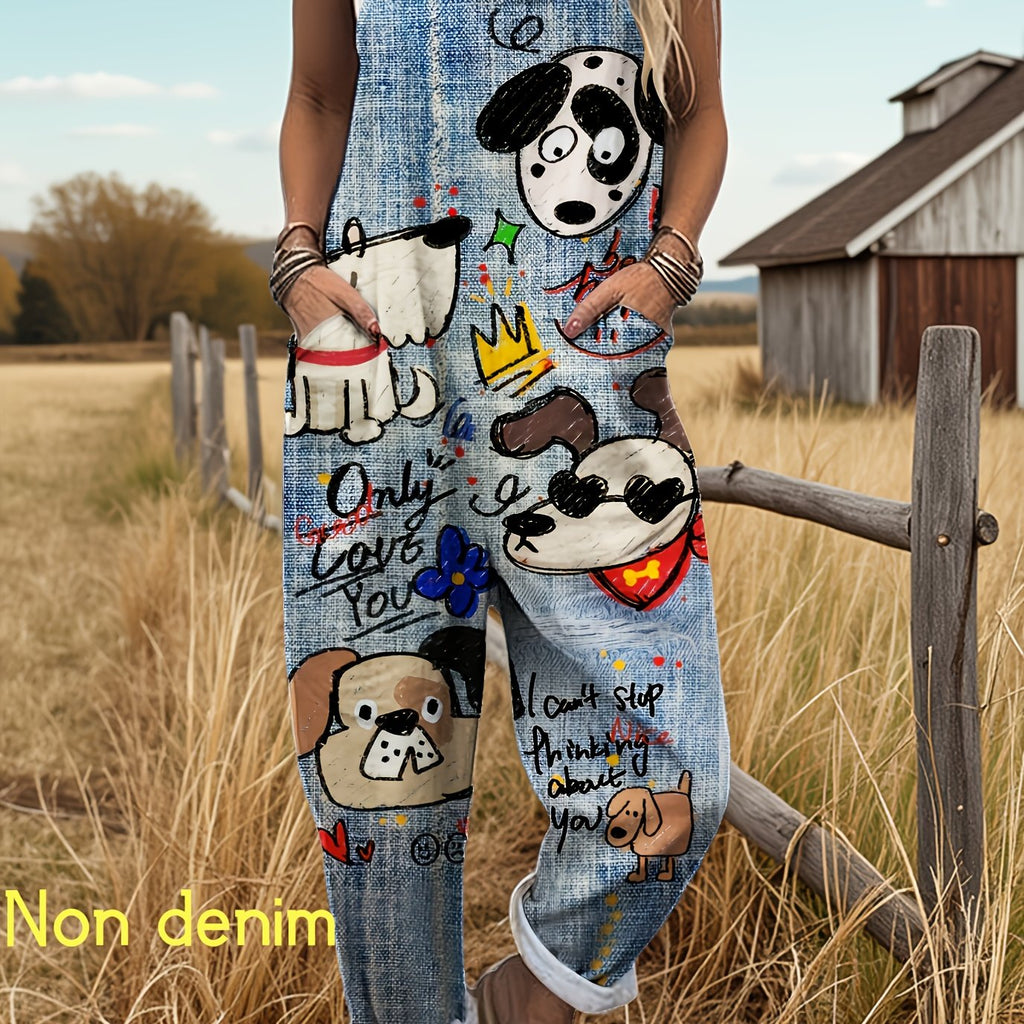 Cartoon Dog Graphic Print Adjustable Strap Pocket Casual Jumpsuit
