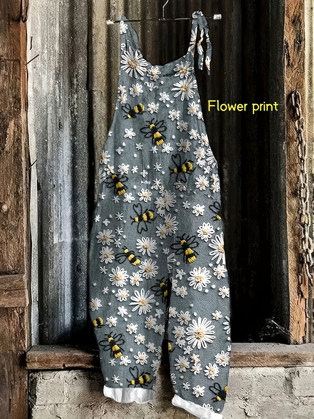 Daisy Bee Print Tie Shoulder Strap Pocket Casual Jumpsuit