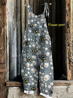 Daisy Bee Print Tie Shoulder Strap Pocket Casual Jumpsuit