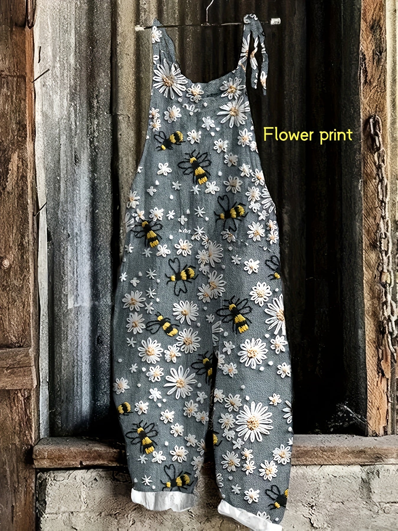 Daisy Bee Print Tie Shoulder Strap Pocket Casual Jumpsuit