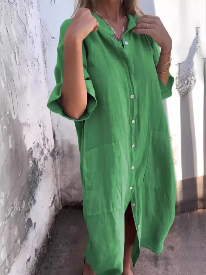 Linen Oversized Button Down Pocket Casual Shirt Dress