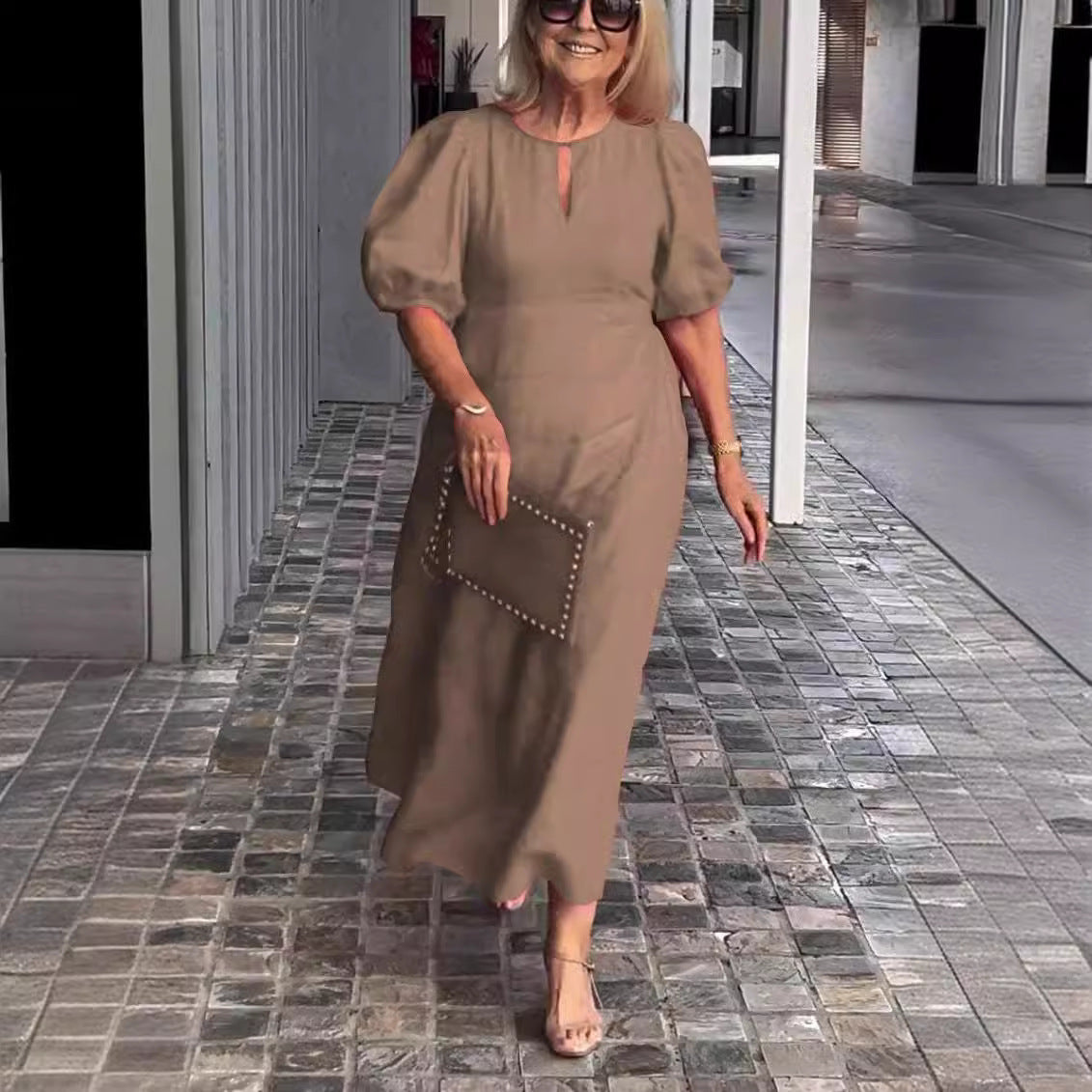 Puff Sleeve Keyhole A Line Midi Dress - Wedding Guest