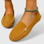 Suede Gold Bar Detail Moccasin Stitch Slip On Flat Loafer