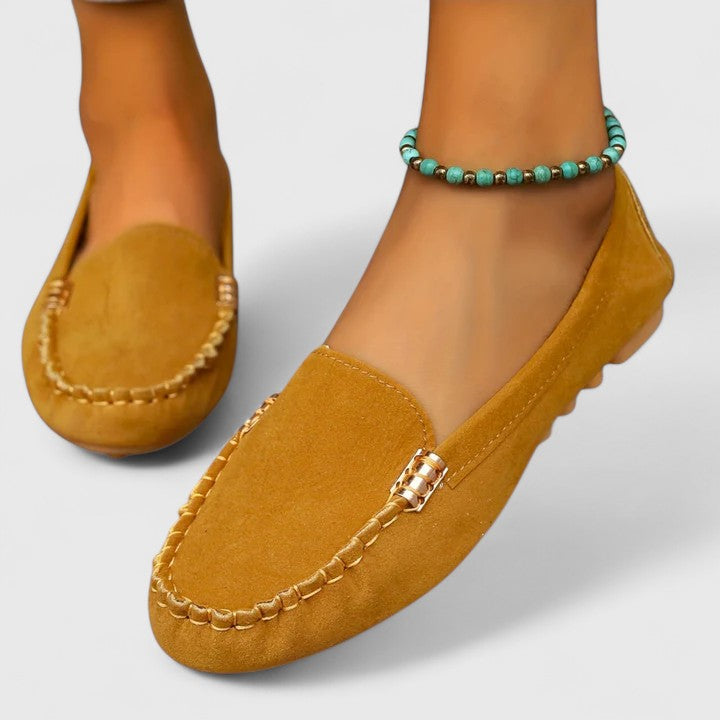 Suede Gold Bar Detail Moccasin Stitch Slip On Flat Loafer