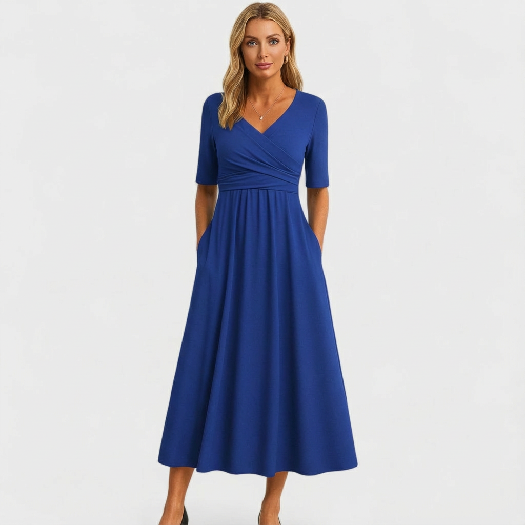 Crossover V-Neck Ruched Waist A Line Casual Midi Dress