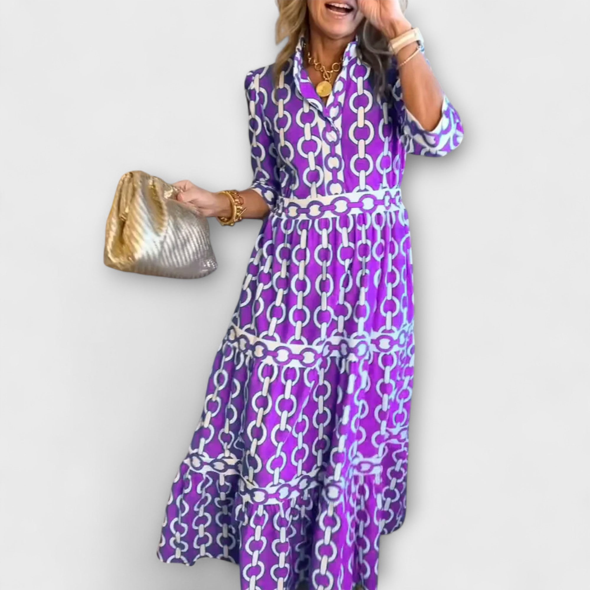 Chain Print Tiered Shirt Casual Midi Dress